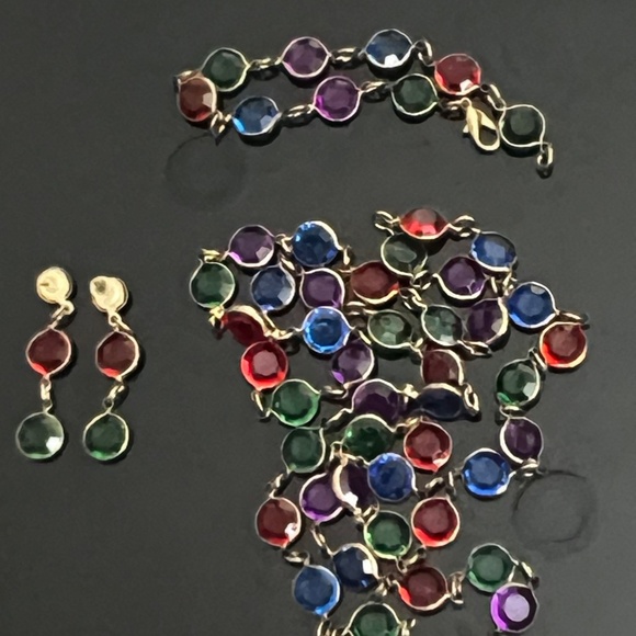 Vintage Long Caged Multicolour Crystals Necklace Bracelet Dangling Earrings 90's - Picture 7 of 13